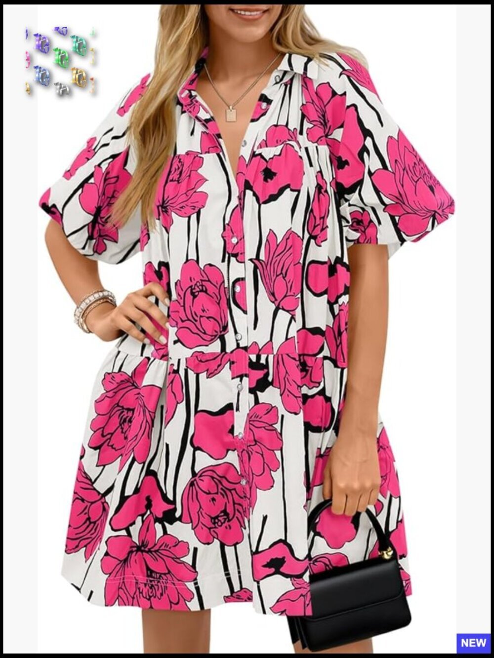 Floral Button Down Shirt Dress Puff Sleeve Casual Loose Fit Mini Summer Boho - Picture 1 of 7